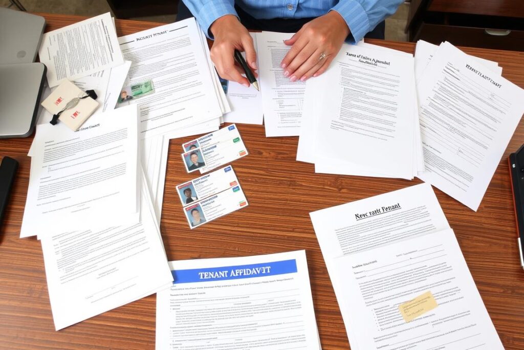 Person gathering documents for tenant affidavit preparation