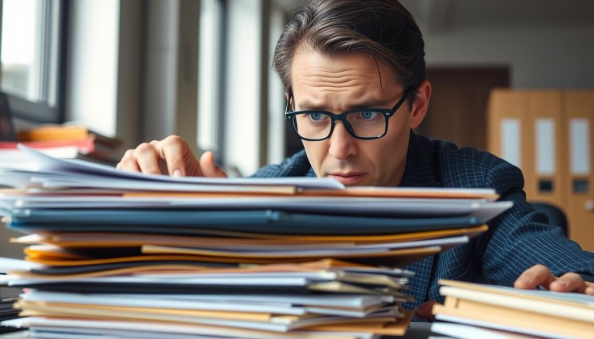 Person looking through files with a concerned expression, representing the stress of lost documents
