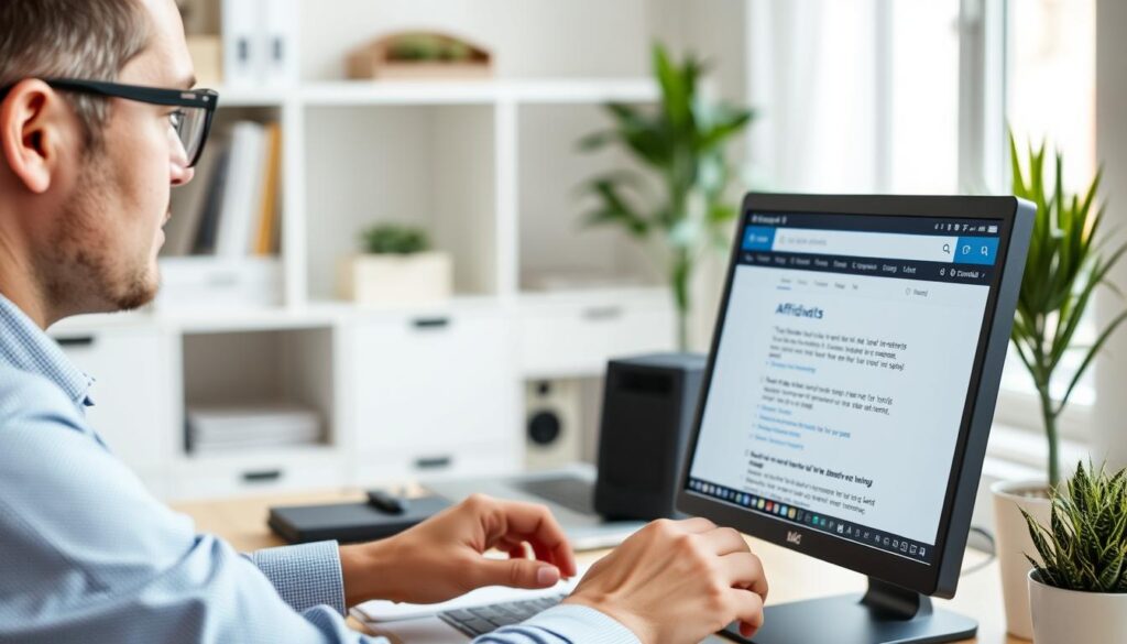 Person researching job affidavit information on computer Person researching job affidavit information on computer