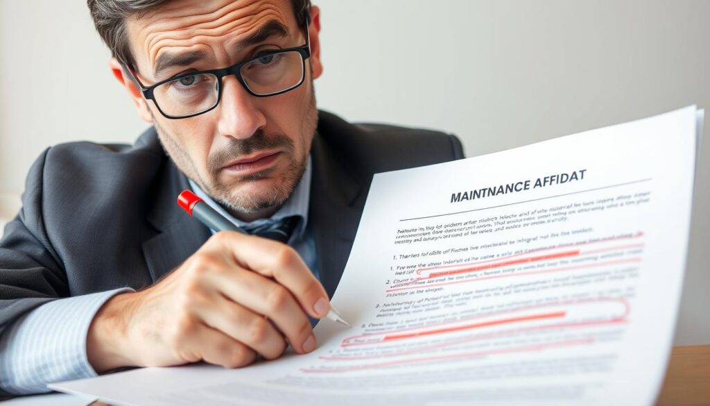 Person reviewing a Maintenance Affidavit and marking errors to avoid