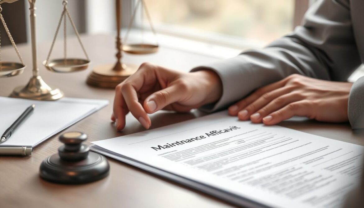 Person reviewing a Maintenance Affidavit document with legal scales in the background