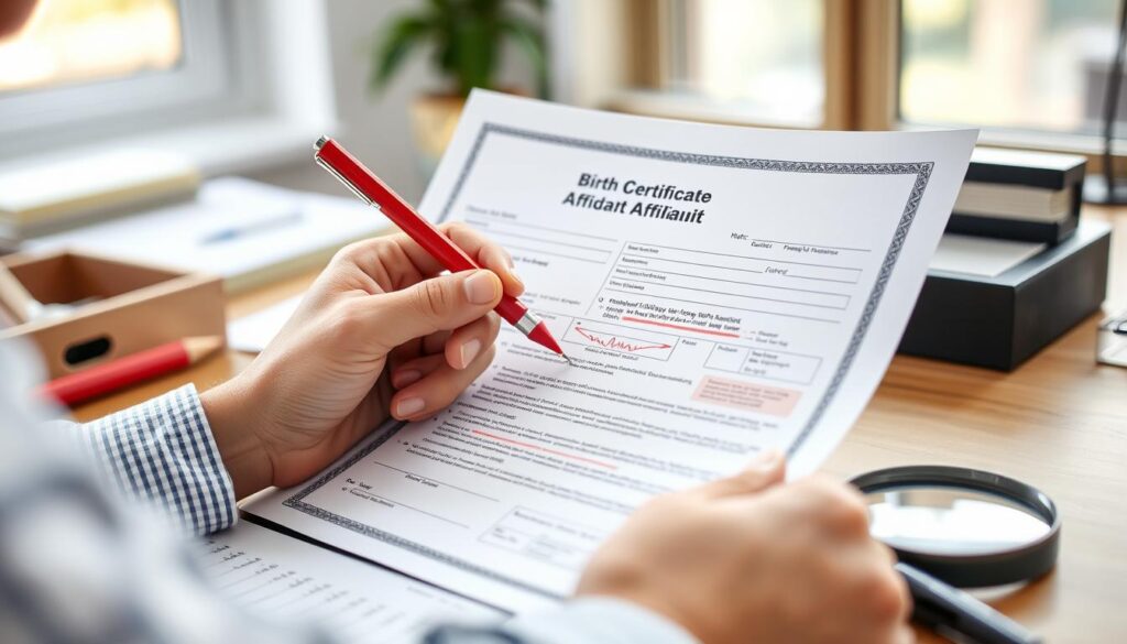 Person reviewing birth certificate affidavit for errors