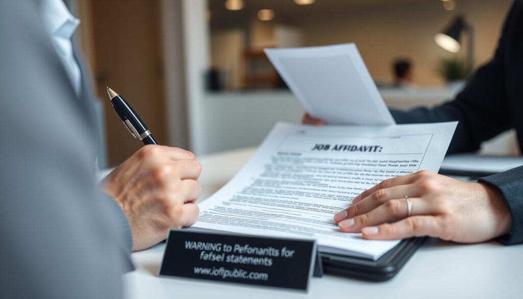 Person signing affidavit in front of notary with warning sign about false statements Person signing affidavit in front of notary with warning sign about false statements