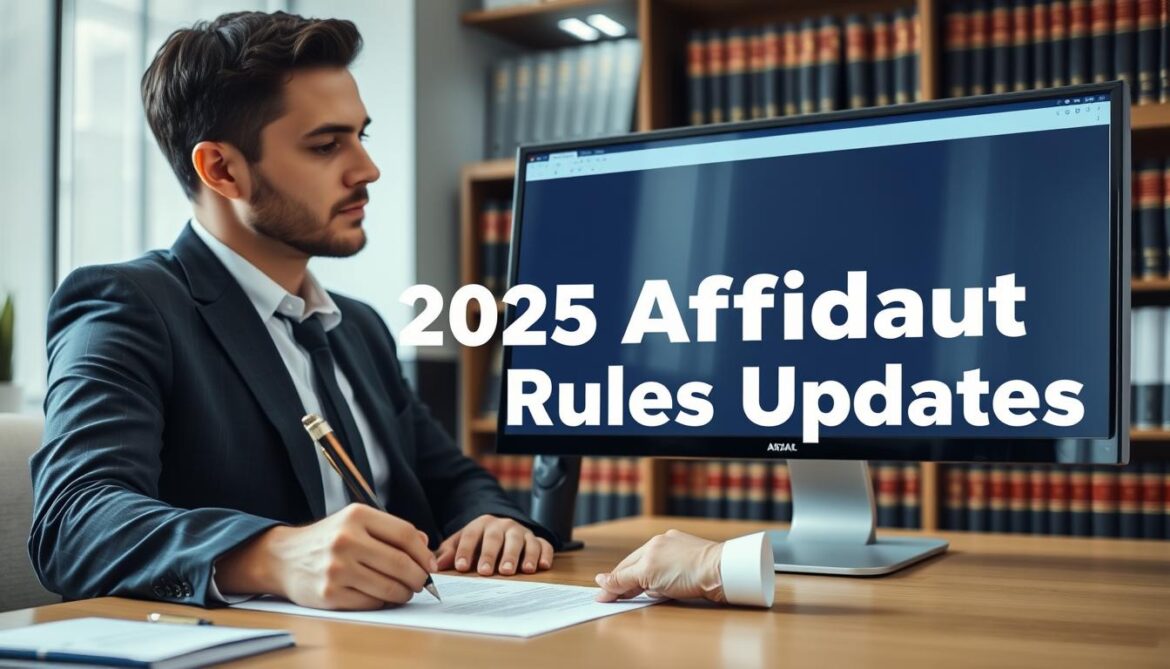 Person signing an affidavit document with 2025 Affidavit Rules updates visible on computer screen