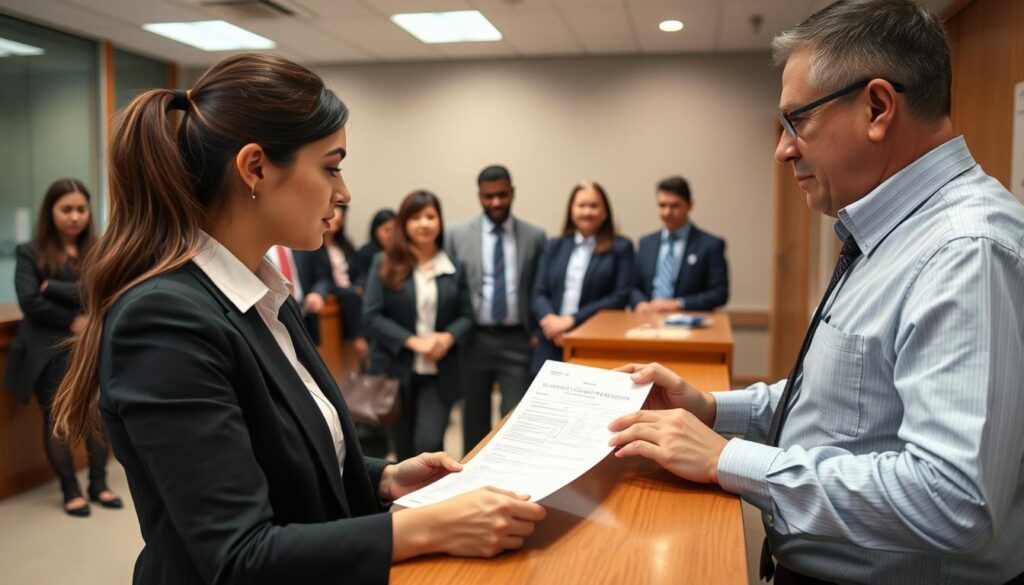 Person submitting an affidavit at a government office Person submitting an affidavit at a government office