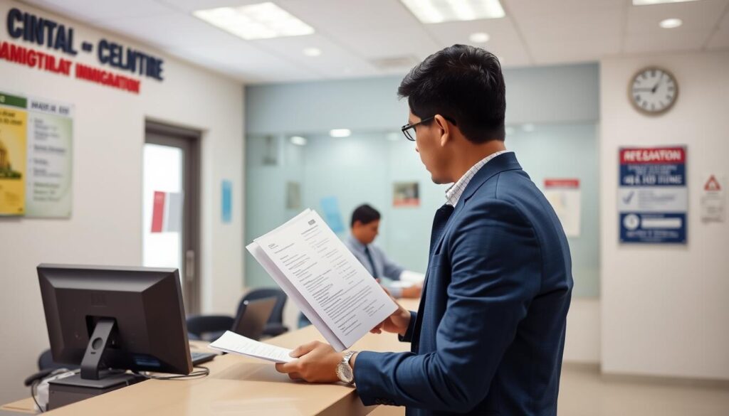 Person submitting job affidavit documents at an immigration office Person submitting job affidavit documents at an immigration office