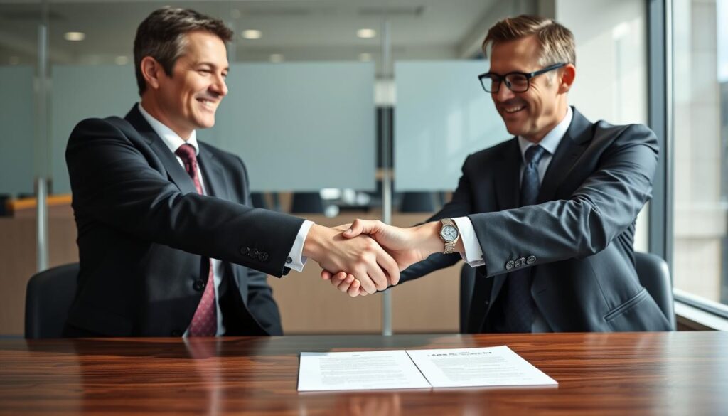 Two business people shaking hands over a signed agreement document Two business people shaking hands over a signed agreement document