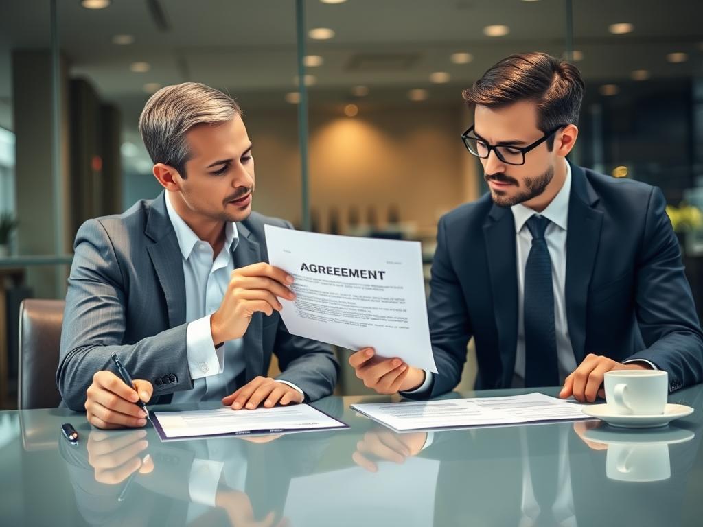 Two people reviewing and discussing an agreement document Two people reviewing and discussing an agreement document