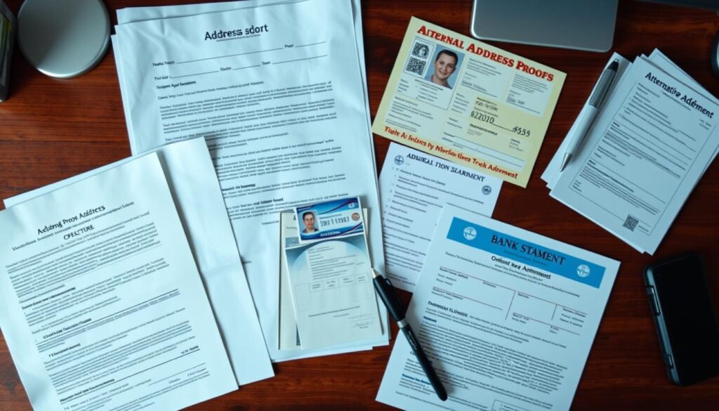 Various alternative address proof documents arranged on a desk