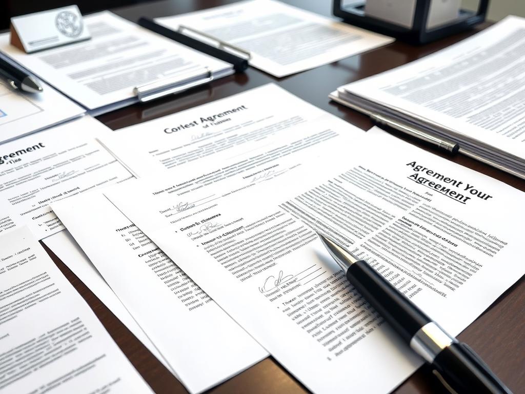 Various types of agreements with signature pages visible Various types of agreements with signature pages visible