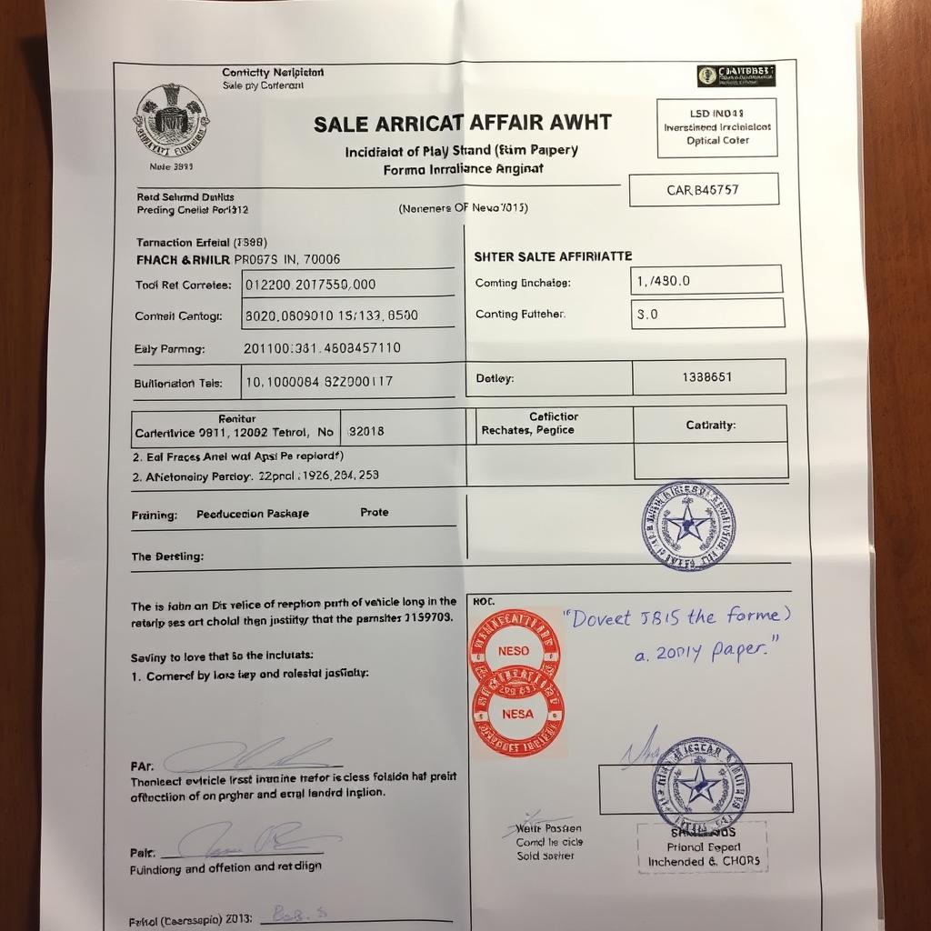 Vehicle sale affidavit with transaction details