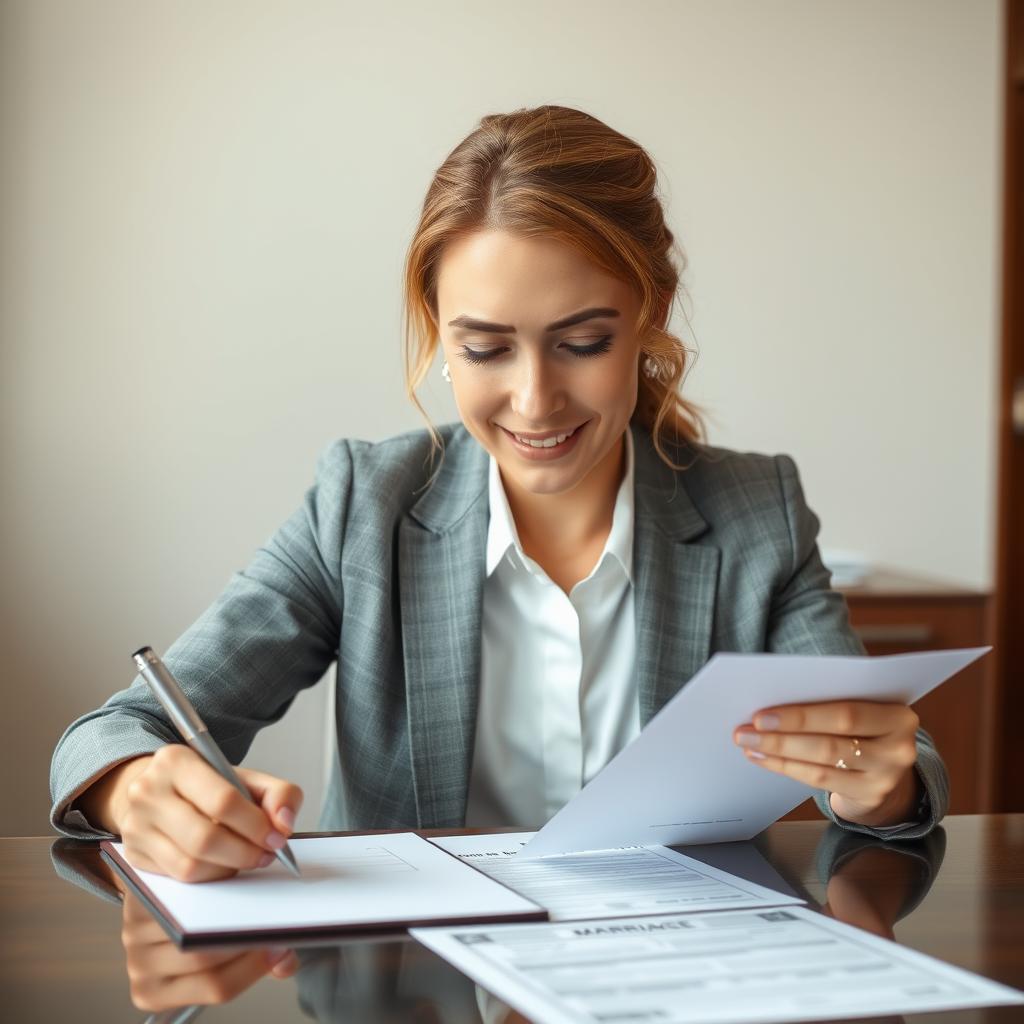 Woman signing name change documents after marriage Woman signing name change documents after marriage