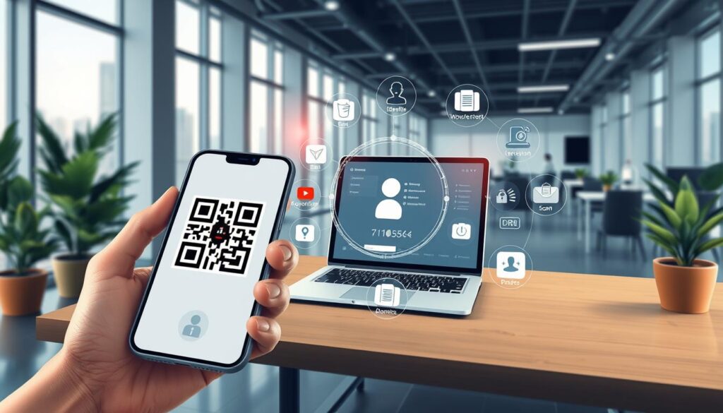 a detailed digital illustration of a security verification process, with a corporate office environment in the background. in the foreground, a human hand is holding a smartphone displaying a QR code or biometric identification screen. the middle ground features a laptop or tablet device with an on-screen verification interface, surrounded by icons and UI elements representing identity checks, document scans, and fraud prevention measures. the background depicts a modern office interior with large windows, potted plants, and office furniture. the overall mood is sleek, professional, and conveys a sense of technological sophistication and robust security protocols.